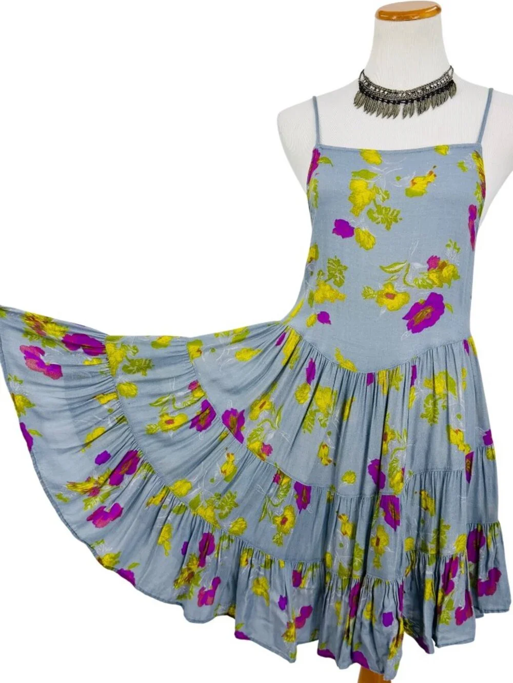 Free People Floral Strappy Lace Up Back Ruffle Hem Mini Dress S| Balletcore Boho - Picture 6 of 16